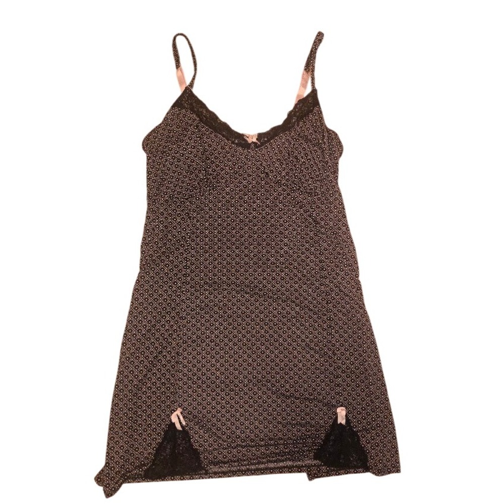 Marilyn Monroe Black White Geometric Lace Trim Chemise Nightgown 2X Pink Bows - Picture 1 of 4